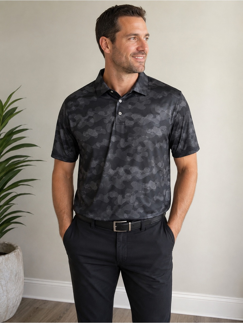 PGA Tour Men's Charcoal Black Camo Polo 004